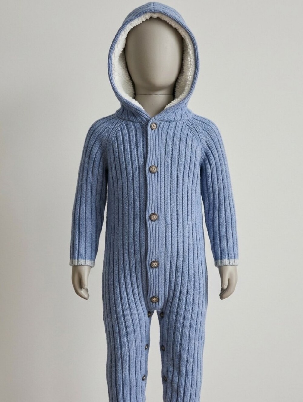 Baby B'Gosh Blue Sweater Romper W/Buttons & Faux Shearling Hood. 9 Months.